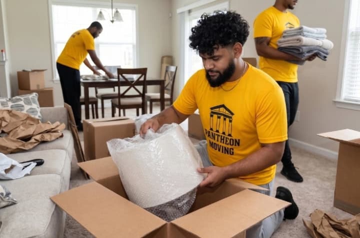 Pantheon Moving crew member carefully packing boxes for a residential move in Kansas City